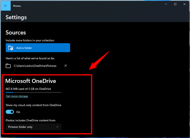 The Microsoft OneDrive options available in the Settings app
