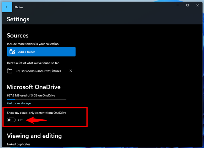 The Show my cloud-only content from OneDrive switch