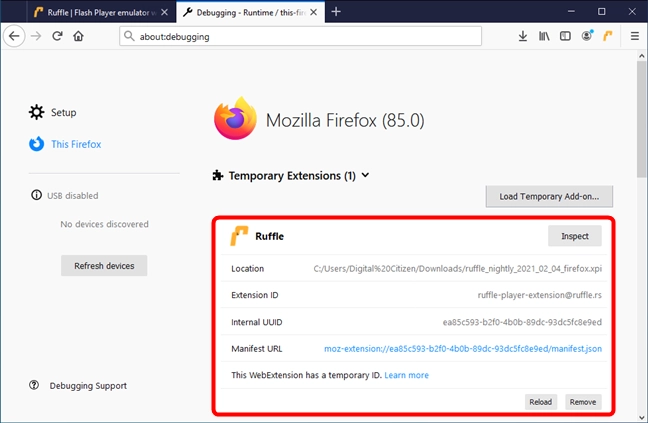 Ruffle has been installed in Firefox