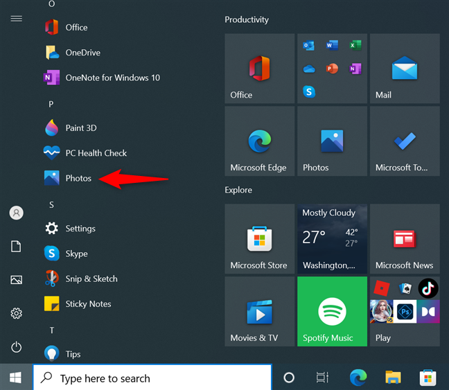 The Photos shortcut from the Start Menu All apps list in Windows 10