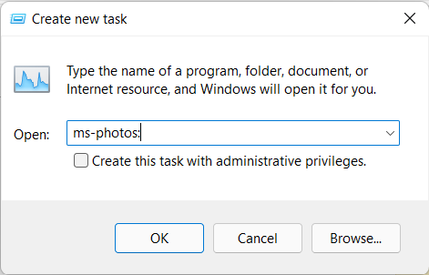 Enter ms-photos: to open the Photos app in Windows 10 and Windows 11