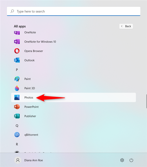 The Photos shortcut from the Start Menu All apps list in Windows 11
