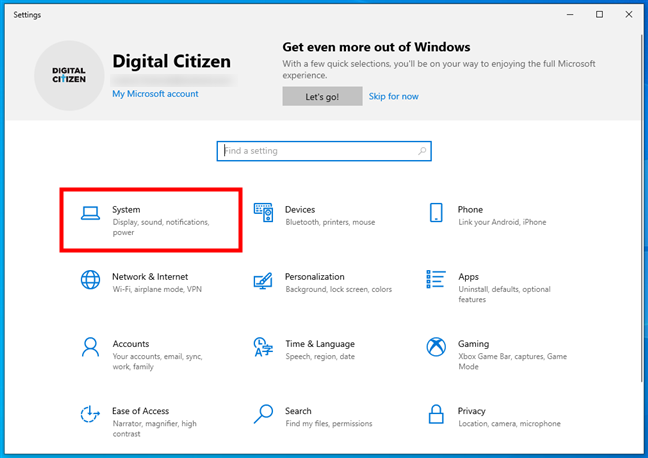 Access the System settings in Windows 10