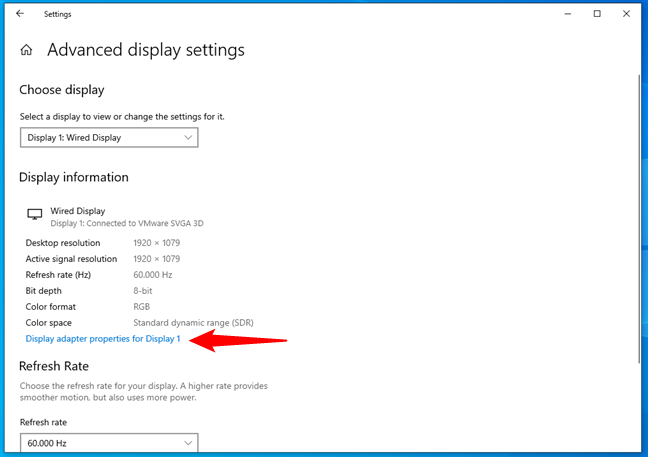 The Display adapter properties link in Windows 10