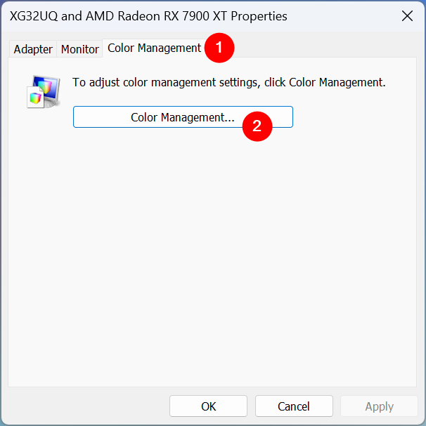 The Color Management button from the monitorâ€™s Properties window