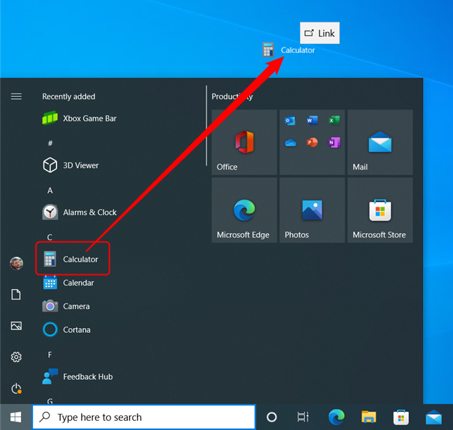 Drag a Start Menu item to the desktop to create a shortcut in Windows 10