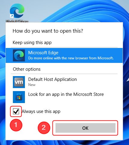 After selecting your preferred browser, check the box next to Always use this app, then press OK