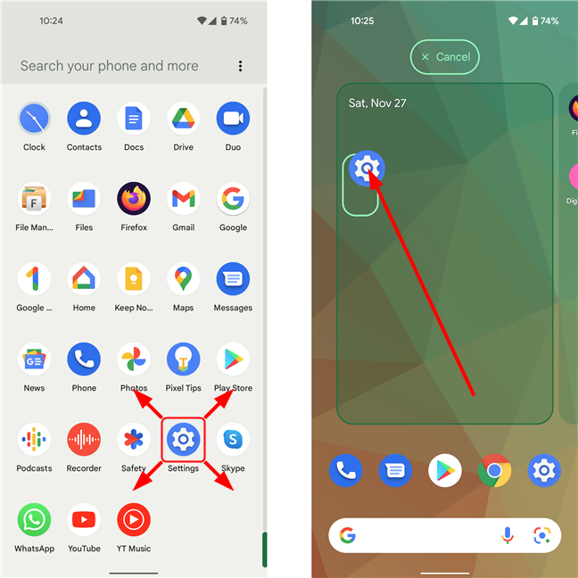 Create a shortcut for the Settings app on the Home screen on Android 12