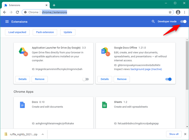 Turning on the Developer mode in Google Chrome