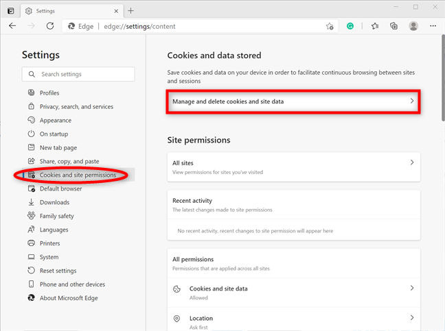 Press Manage and delete cookies and site data