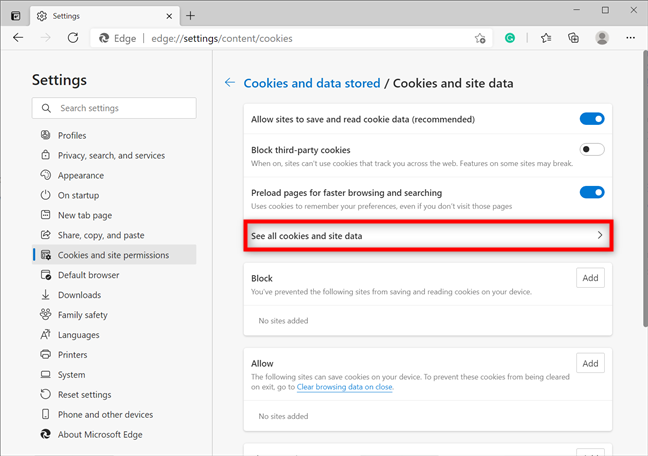 Press to See all cookies and site data