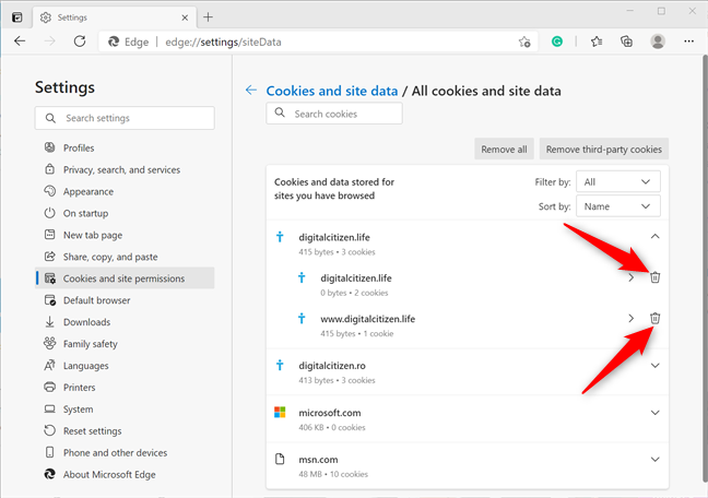 How to clear cookies in Edge for a specific site