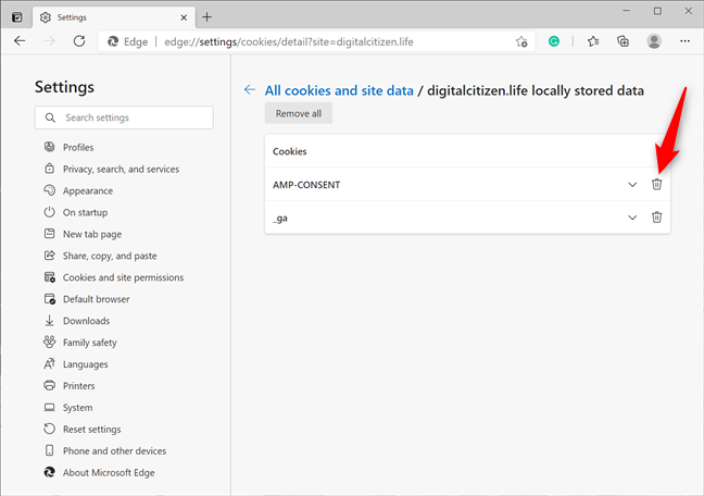 How to clear a specific cookie from Microsoft Edge