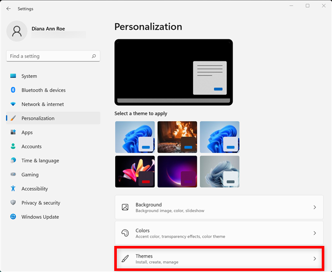 Click or tap on Themes in the Personalization tab