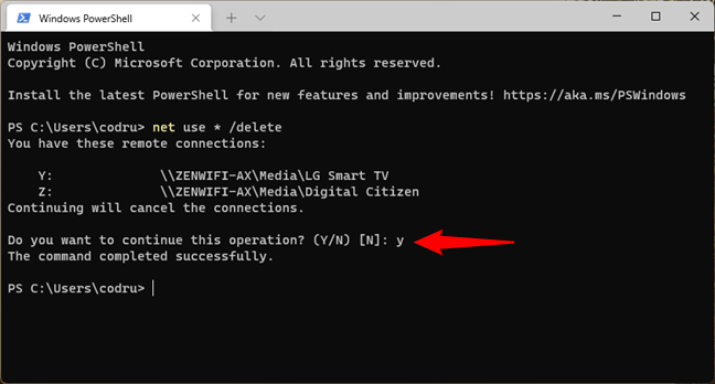 Typing Y to confirm the removal of all the mapped network drives