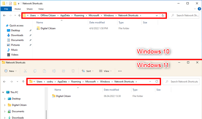 The Windows folder where network location shortcuts are saved