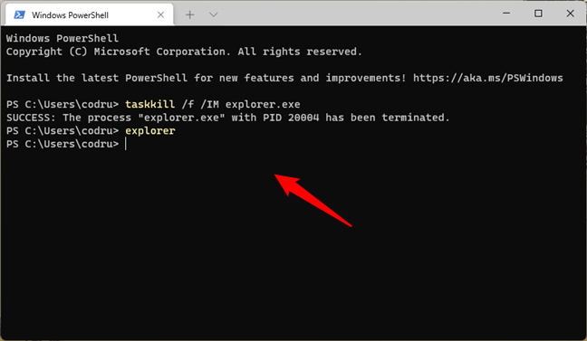 Using taskkill to stop and then restart the explorer.exe process
