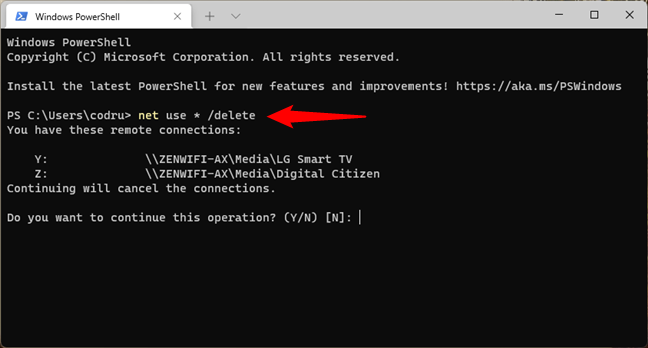 Running the net use * /delete command to remove all the mapped network drives