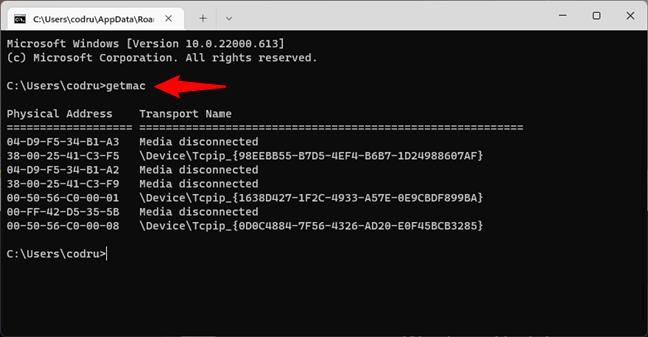 Getmac displays the physical addresses of all the network adapters