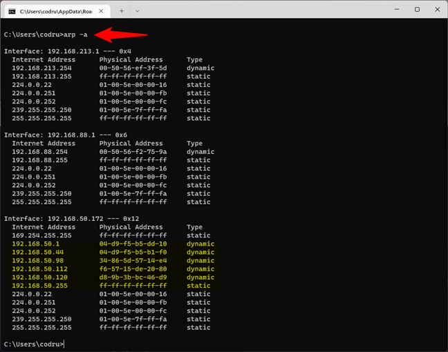 Arp shows all the devices connected to the same network