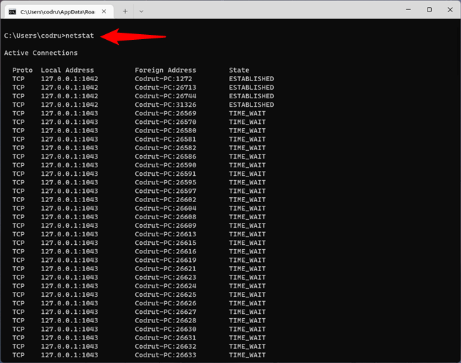 Netstat shows the active network connections and open ports