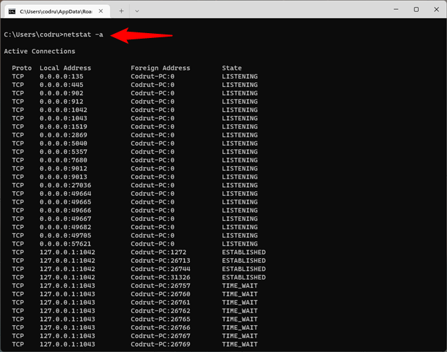 Netstat with the -a parameter shows the active network connections, including the ones in a listening state