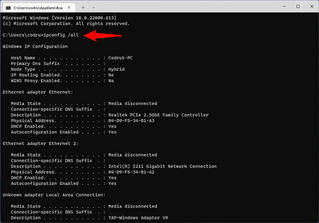 Running ipconfig with the all parameter to get detailed NIC information