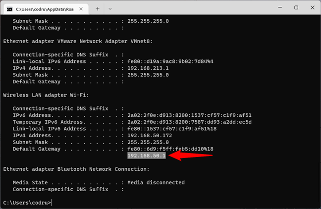 Running ipconfig to identify the IP address of the router