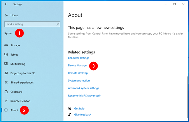 Device Manager shortcut in Windows 10's Settings