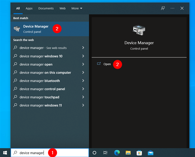 Searching for the Device Manager in Windows 10
