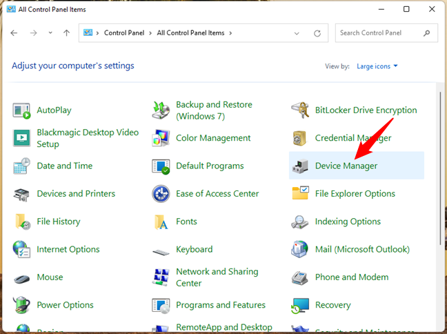 Device Manager shortcut in the icons view from Control Panel