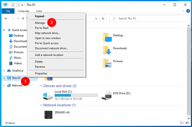 The Manage option from the right-click menu of This PC in Windows 10