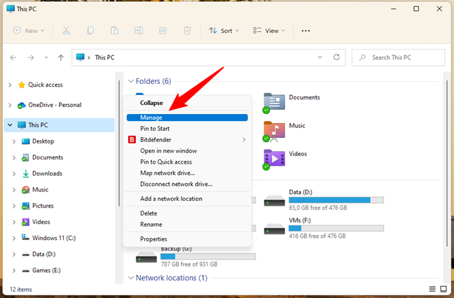 Manage in the expanded context menu from Windows 11