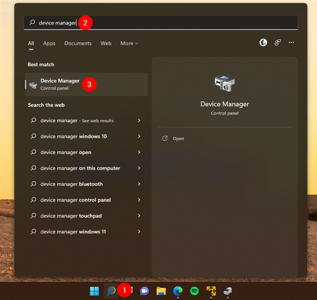 Searching for the Device Manager in Windows 11