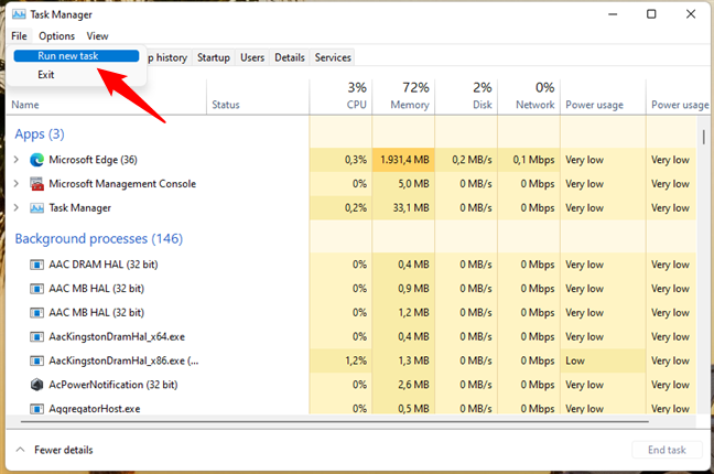 Run new task in Task Manager