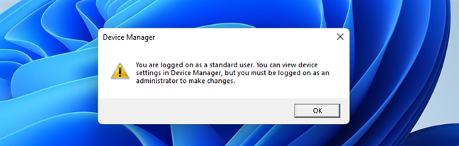 Opening the Device Manager in Windows while logged in with a standard user account