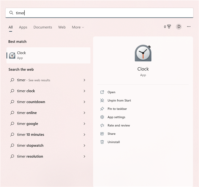 Search for timer in Windows 11