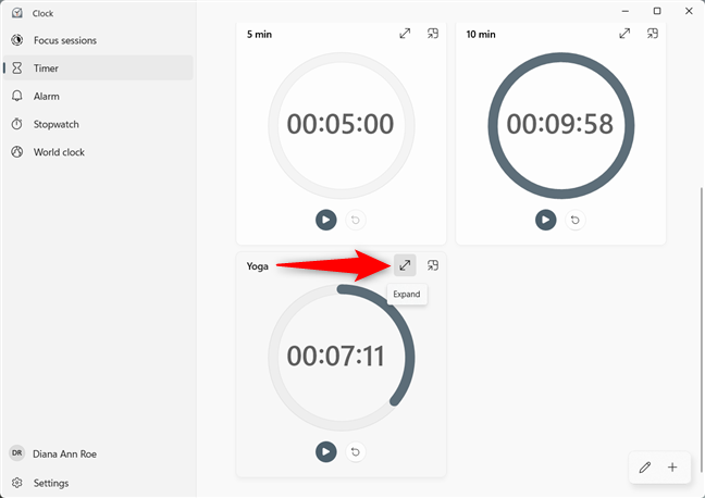 Press Expand in the top-right corner of a timer's entry