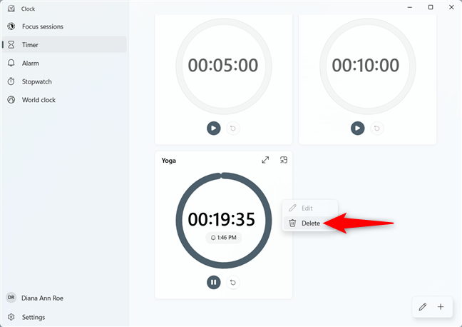 Delete a timer from its contextual menu