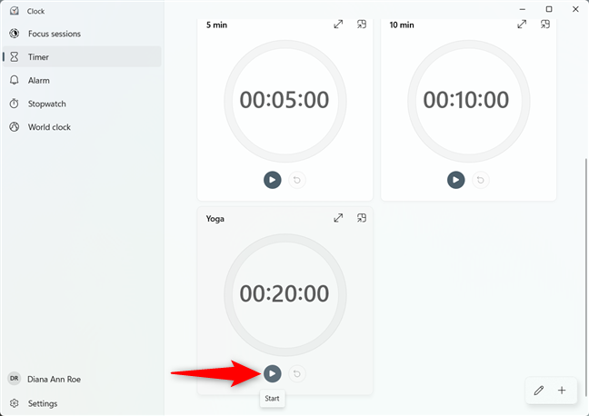 Press the Start button at the bottom of a timer entry