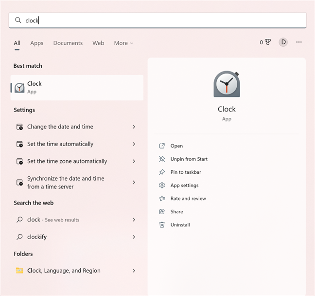 Search for the Clock app in Windows