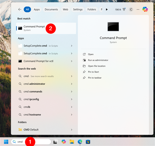 Searching for CMD and running Command Prompt in Windows 11