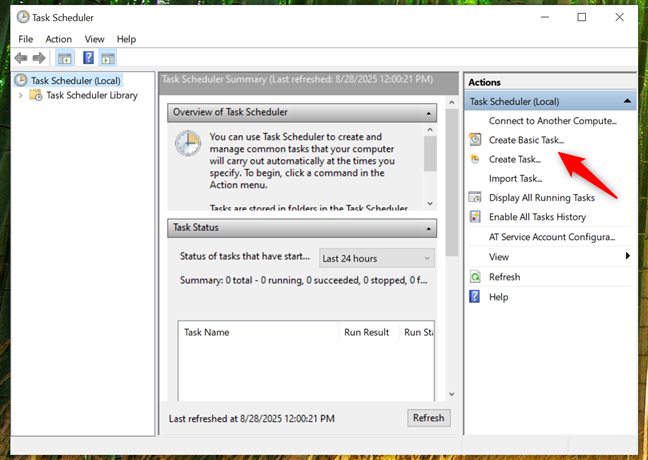 The Create Basic Task action from the Task Scheduler