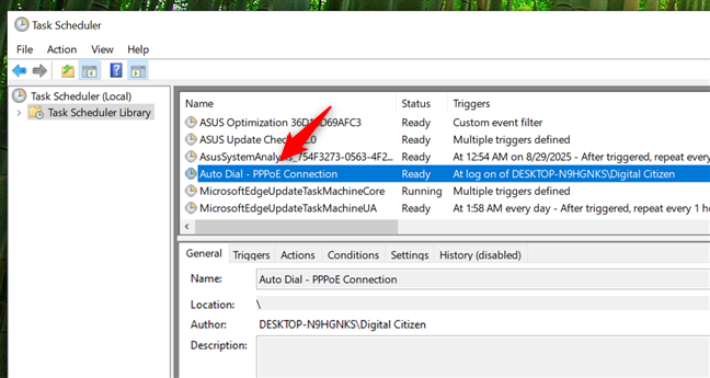 The PPPoE auto-connect task is shown in the Task Scheduler Library