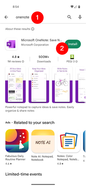 Installing Microsoft's OneNote app from the Play Store