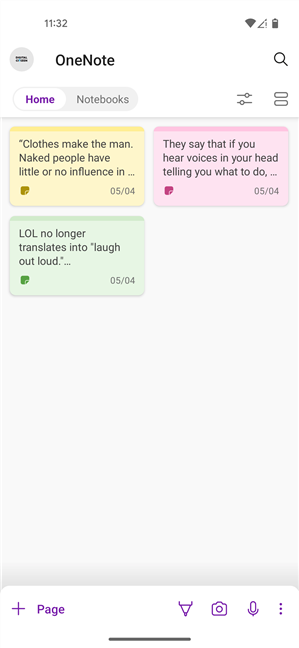 Android's OneNote lists all your Sticky Notes