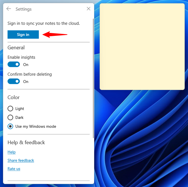 Click or tap the Sign in button in Sticky Notes on Windows 11