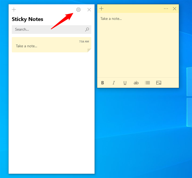 The Settings button from Windows 10's Sticky Notes