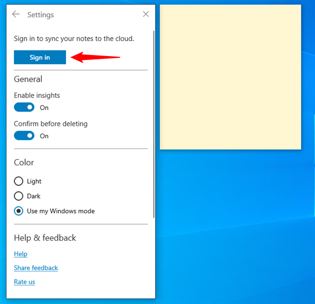 Sign into Sticky Notes on Windows 10