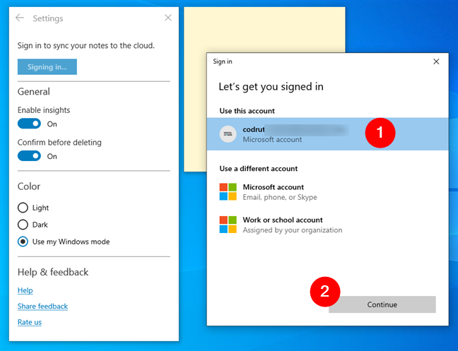 Choosing the Microsoft account used for signing in to Sticky Notes